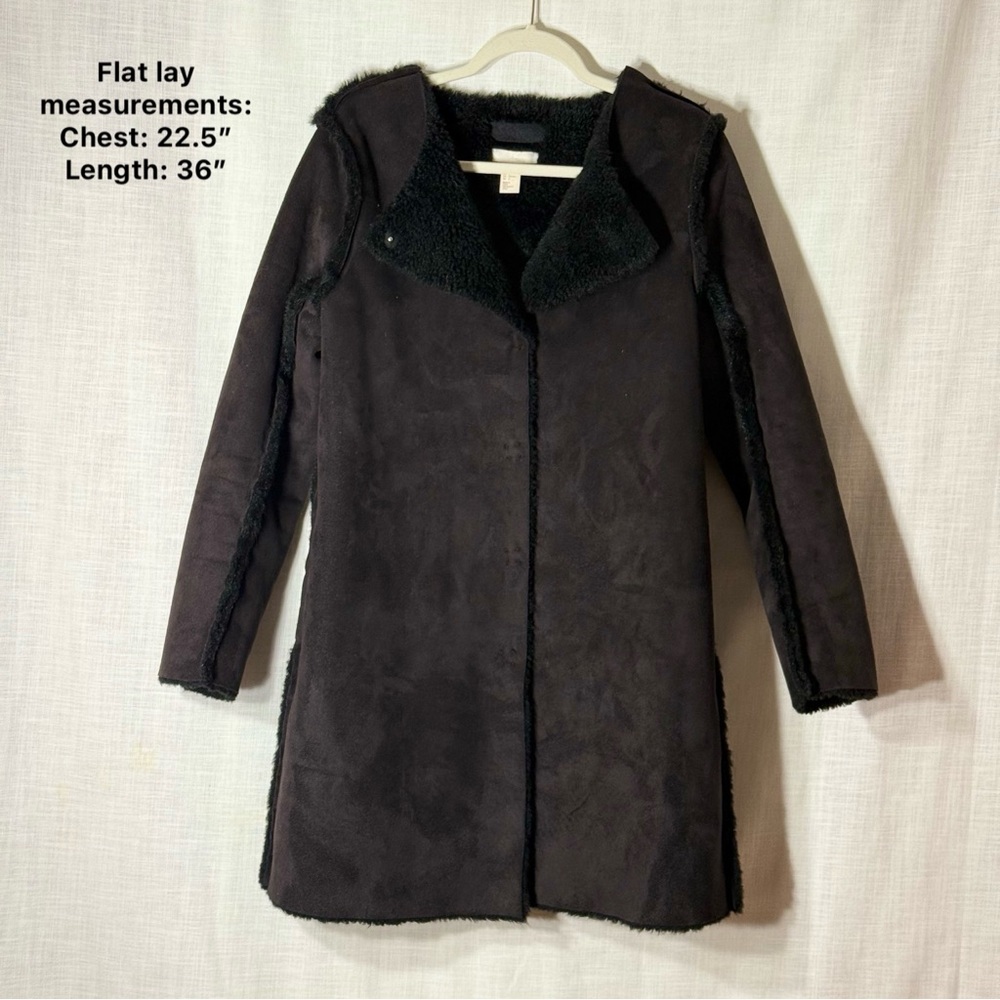 H&M Black Faux Shearling Long Coat Teddy Lined Open Front Womens‎ 12